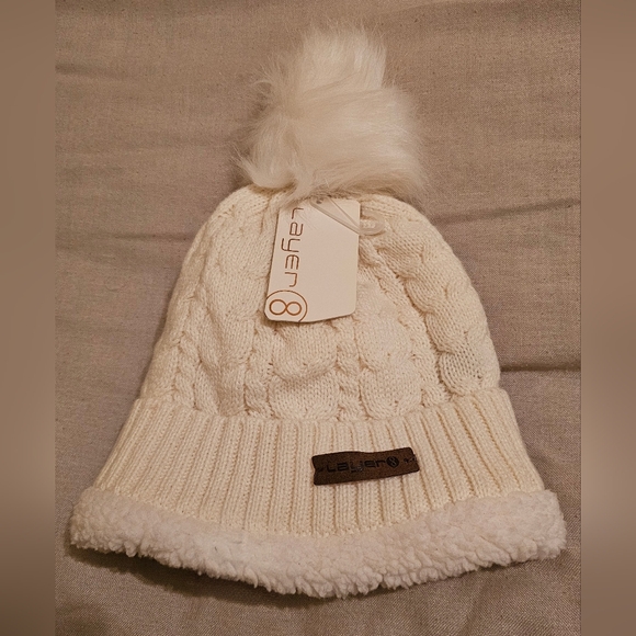 Layer 8 Cream Cable Knit Pom Pom Beanie Adult One Size Fits All NWT - Picture 6 of 6